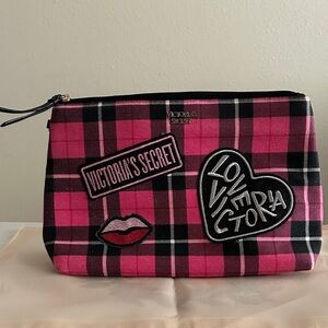 Victoria's Secret Pink Plaid Cosmetic Case with Patch Accents